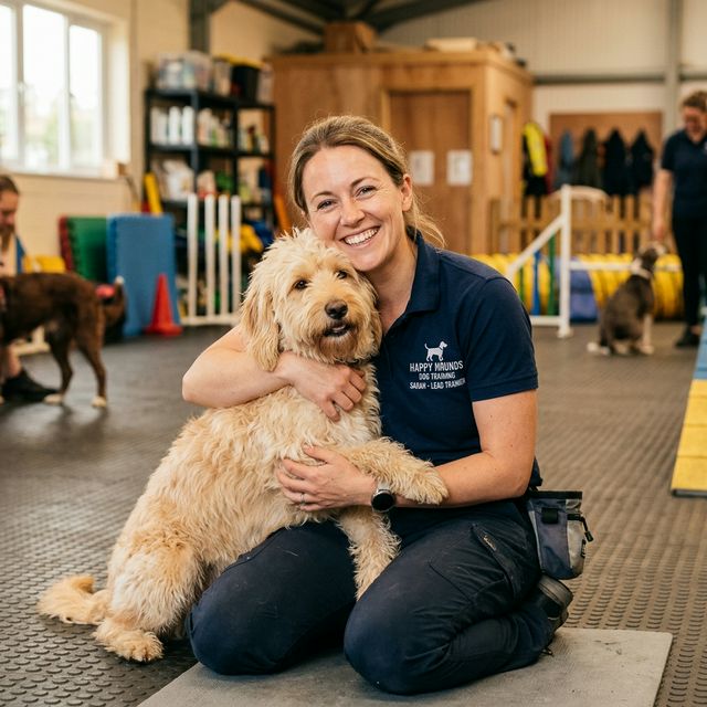 Professional dog trainer and animal lover holding a dog